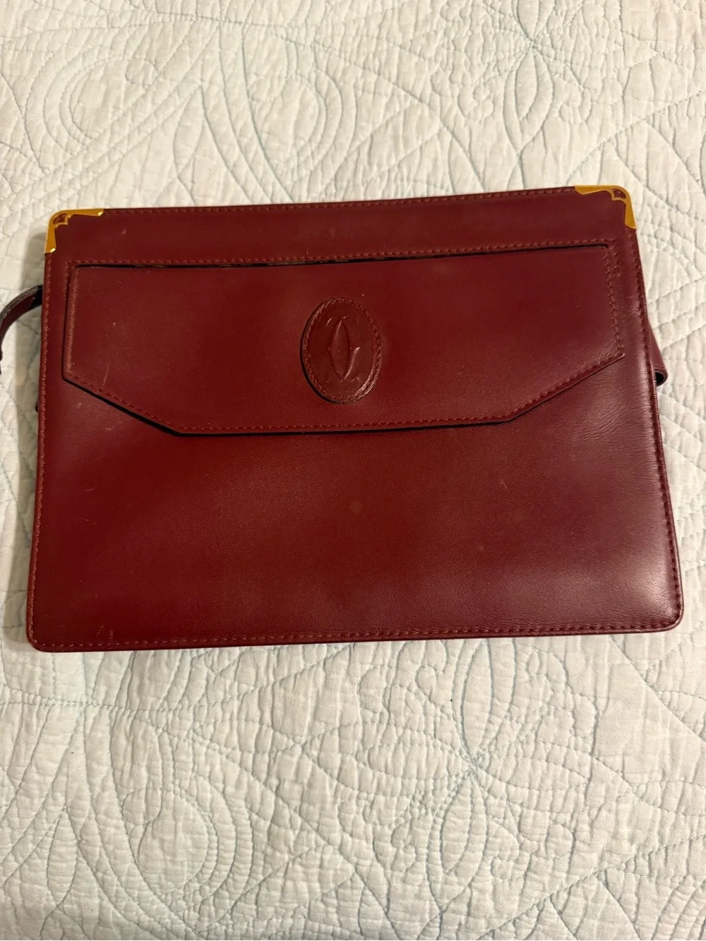 Vintage Cartier Burgundy Leather Clutch with Gold Corner Accents